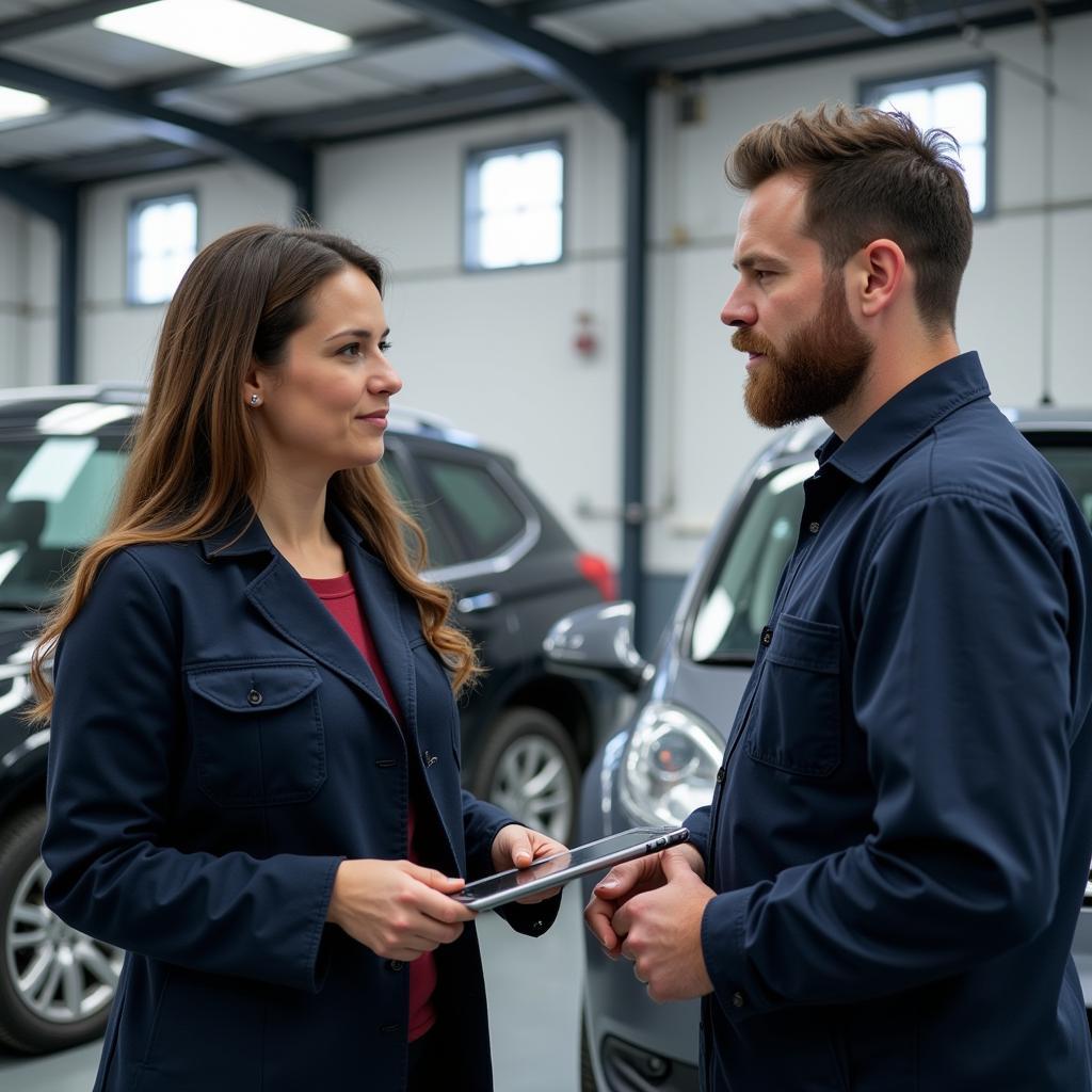 Customer talking to a car paint repair specialist in York