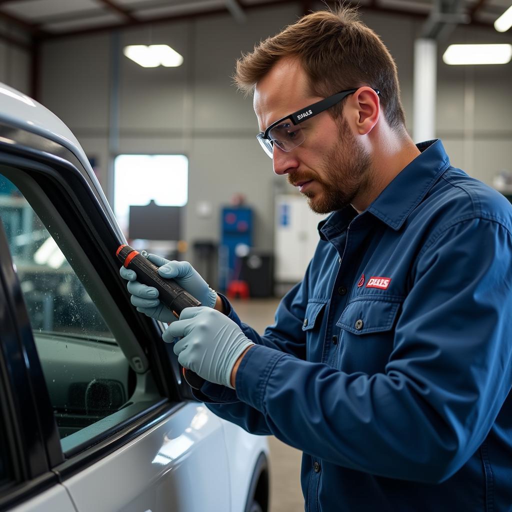 Certified technician repairing a car window in Plymouth