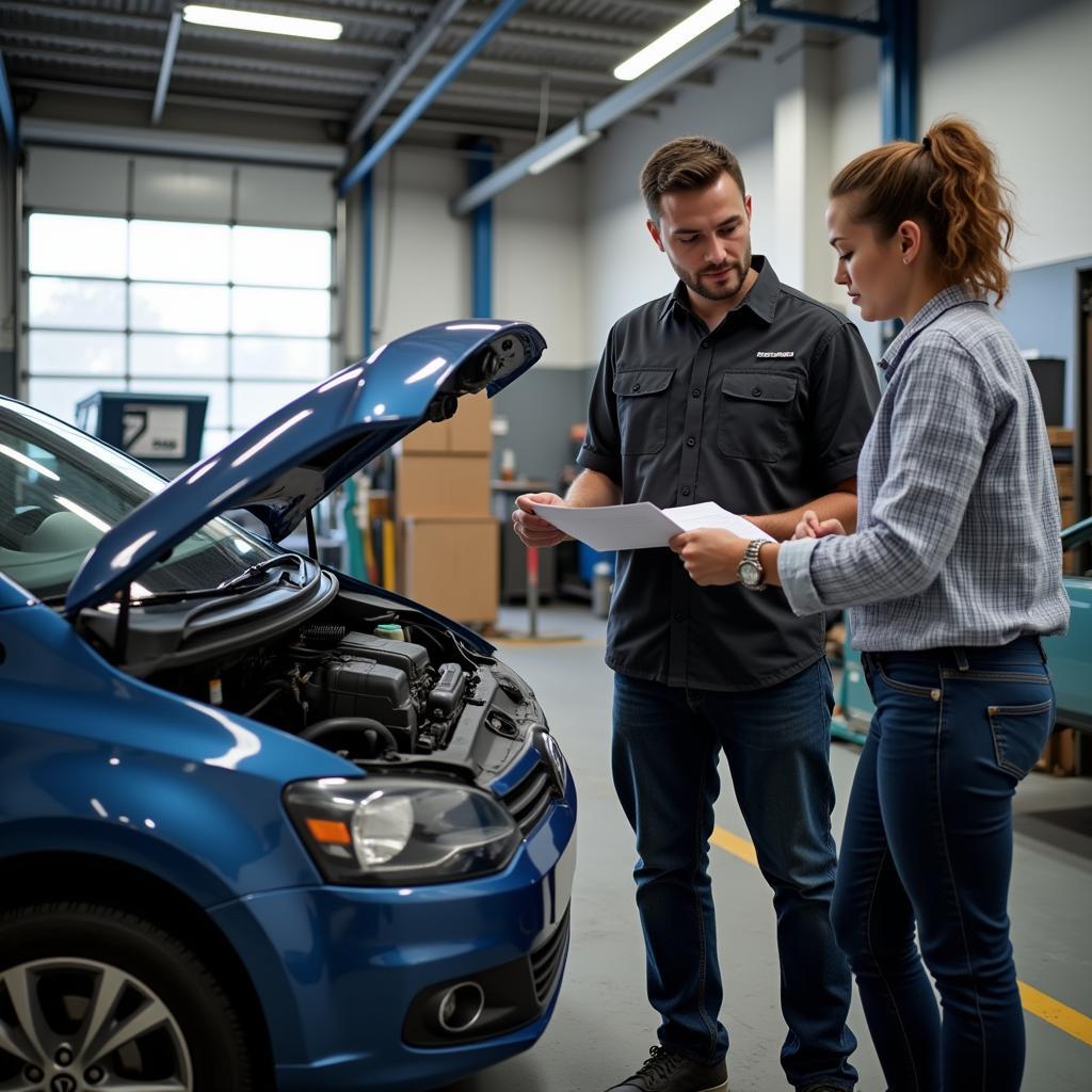 Customer discussing car repair options with a representative in Derby