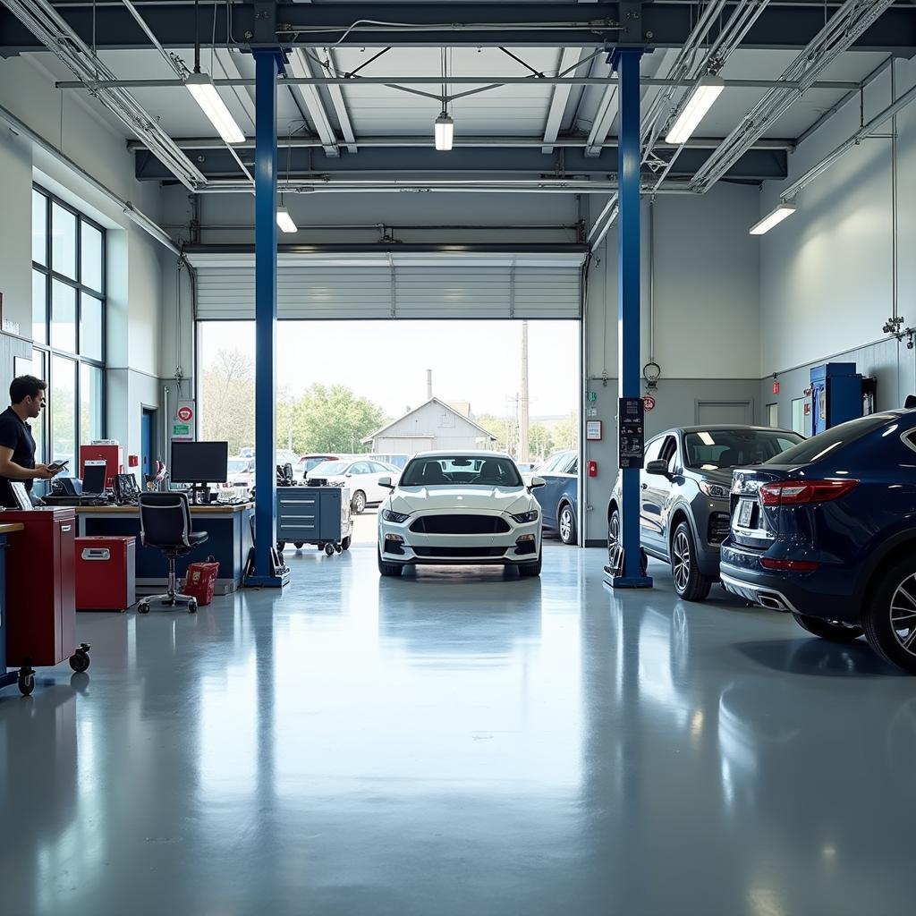 Interior of a modern car body repair shop in Chorlton