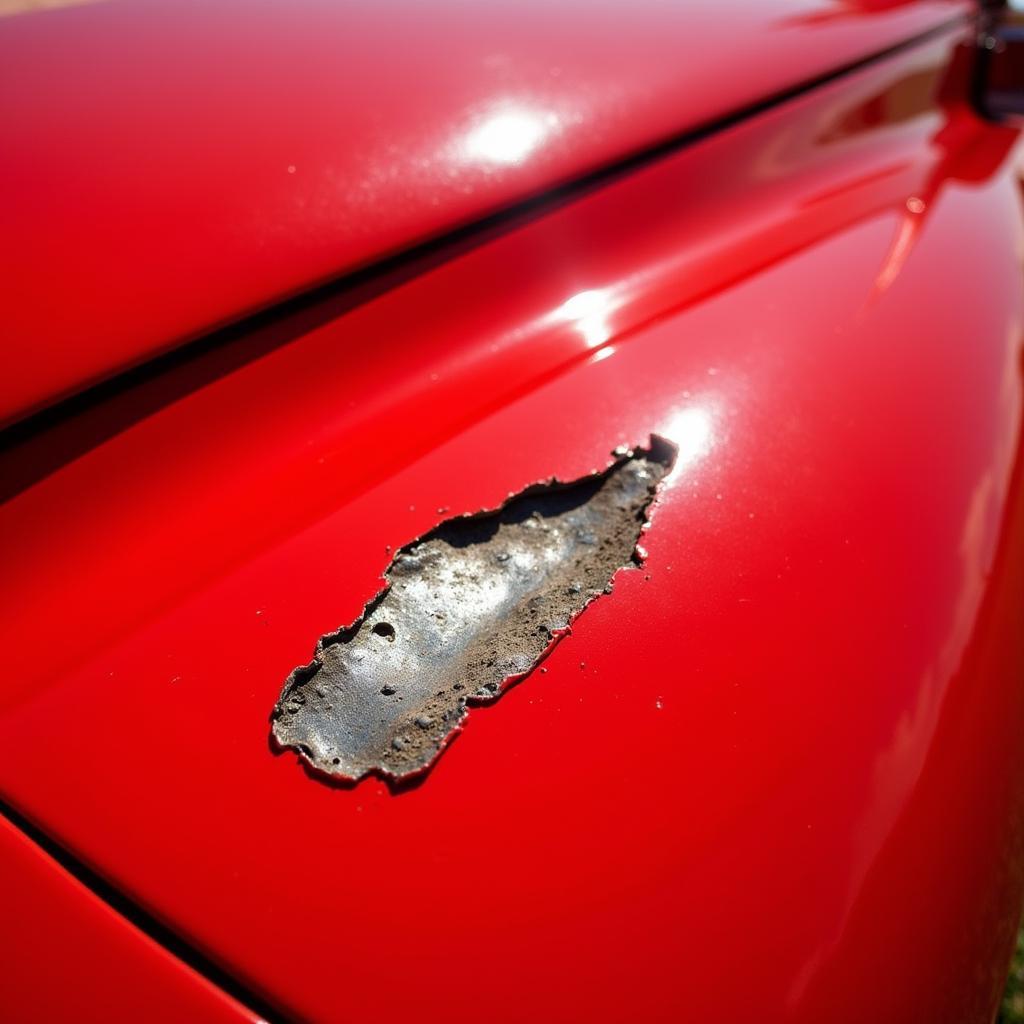 Close-up of paint chip damage on a classic car