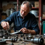 Searching for Classic Car Parts in Ancoats: A mechanic examines parts for a vintage car.