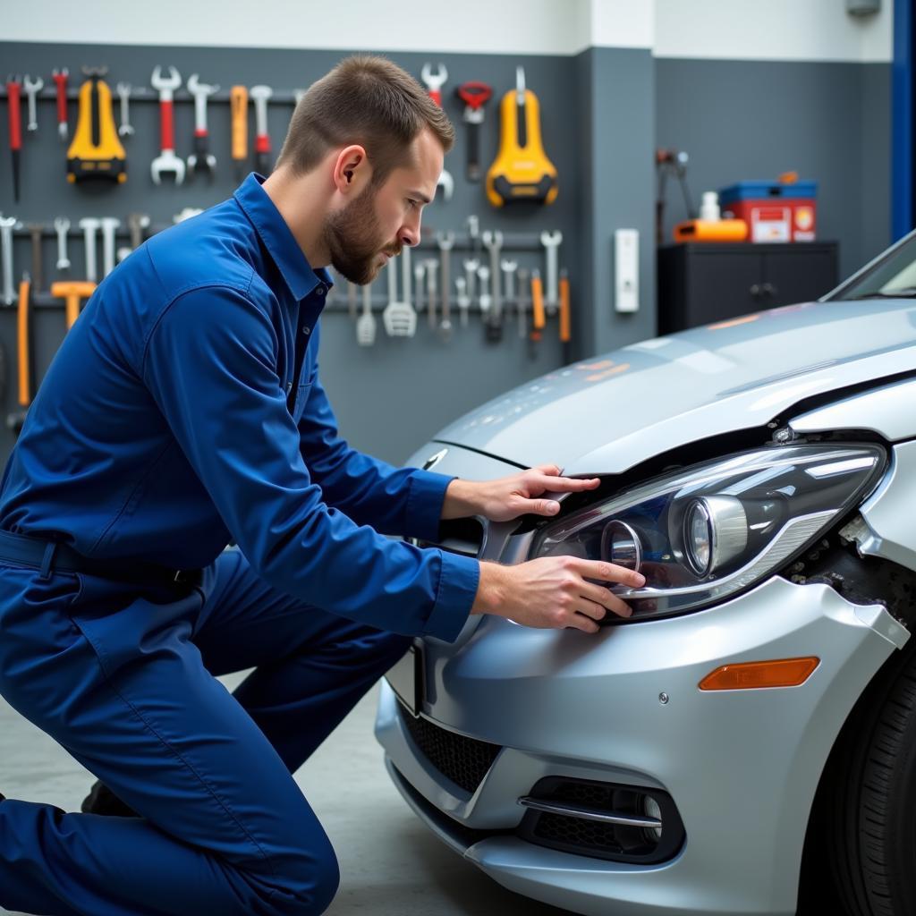 Inspecting a car at a body repair shop in Cornwall