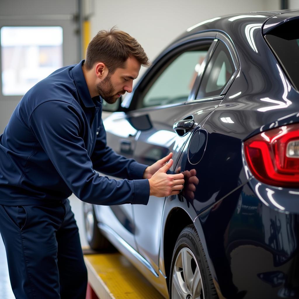 Customer inspecting their repaired car at a body shop in Hackney