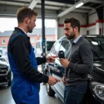 Customer Discussing Car Repair with Technician in Bridgend