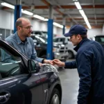 Customer Inspecting Repaired Car in Cambridge