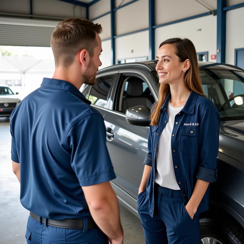 Customer Reviewing Car Repair with Technician