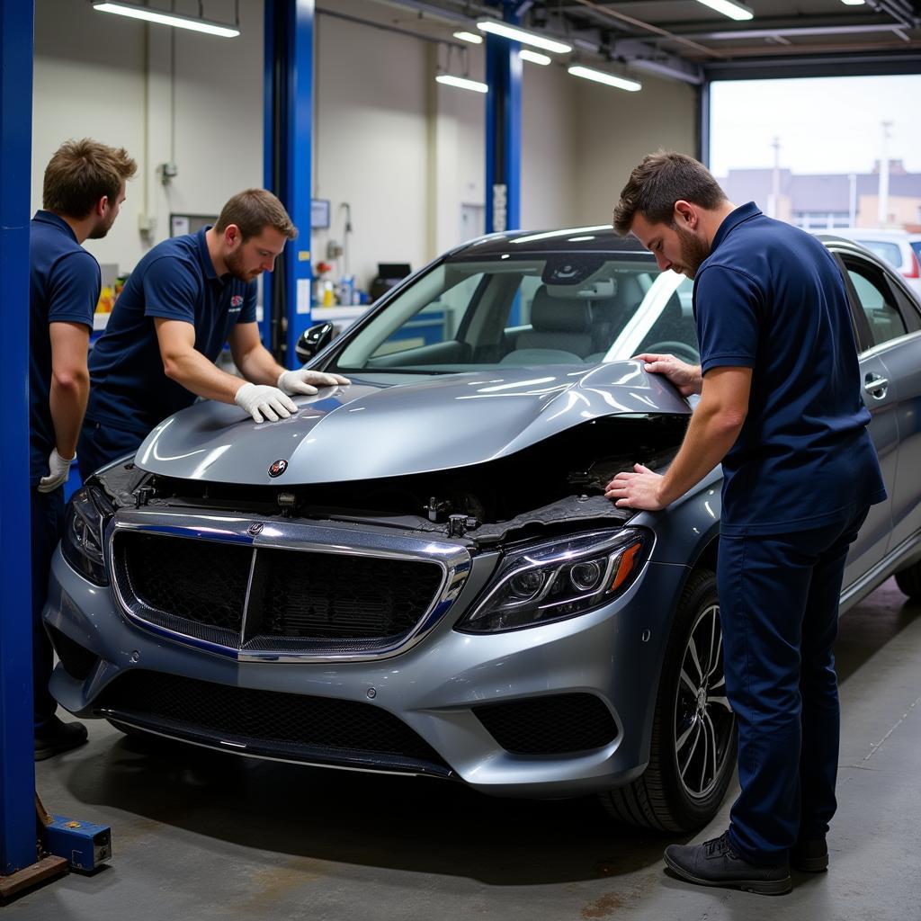 A damaged car being repaired in a shop.