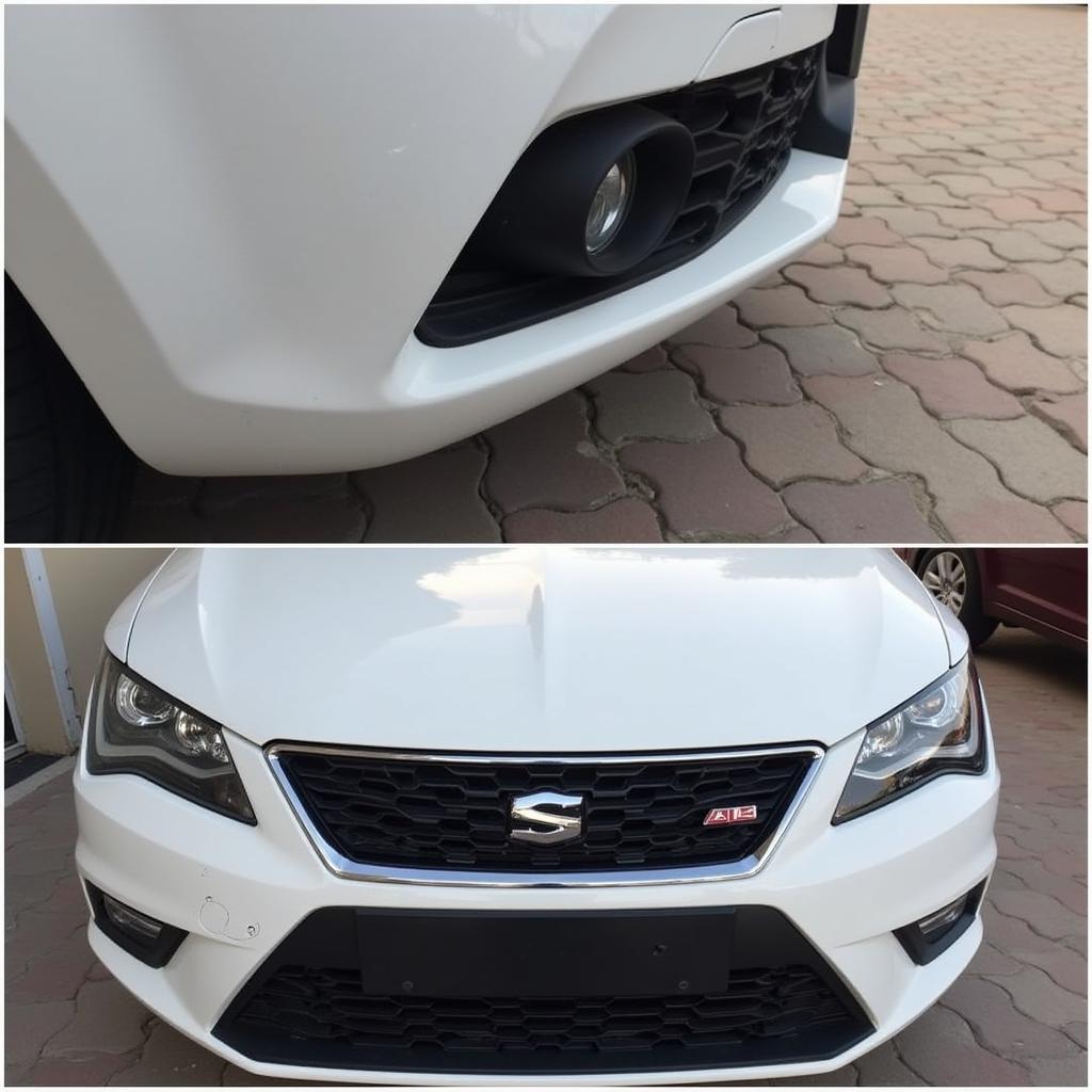 Before and after comparison of a damaged car bumper repaired in Abu Dhabi