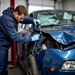 Damaged Car Undergoing Repair in a Professional Shop