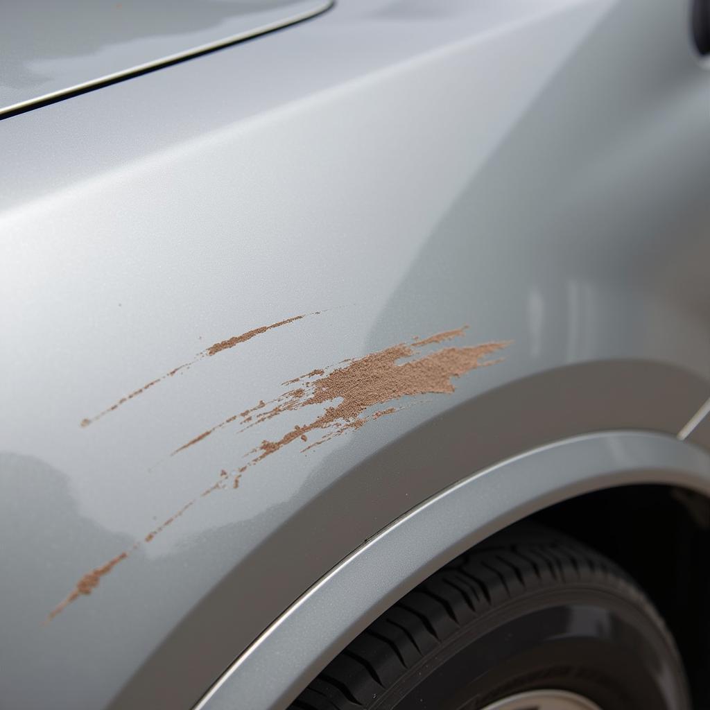 Deep Car Scratch Repair - Close-up of a deep scratch on a car's paintwork, showing the exposed metal underneath and the surrounding damaged clear coat.