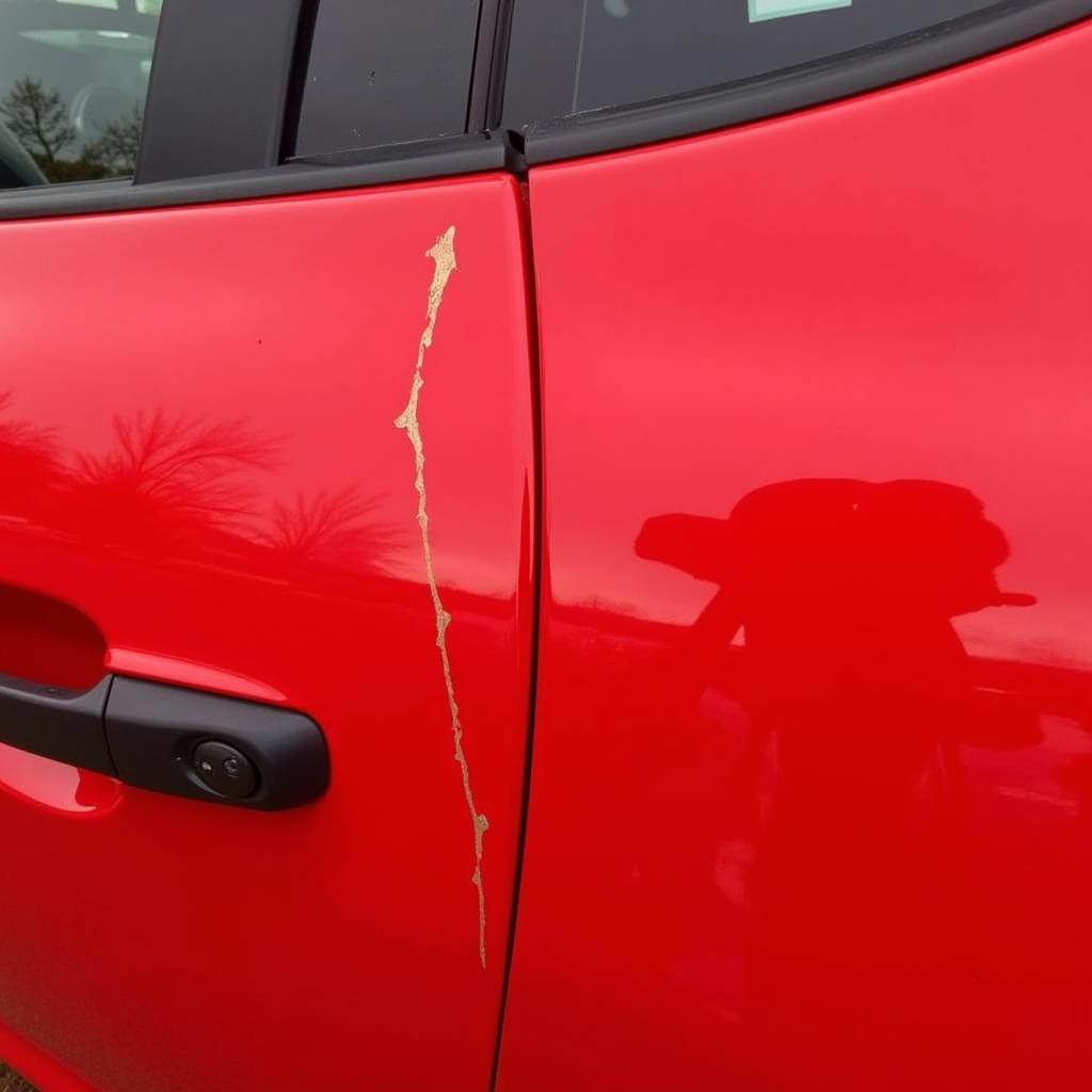 Deep paint scratch on a car door needing repair