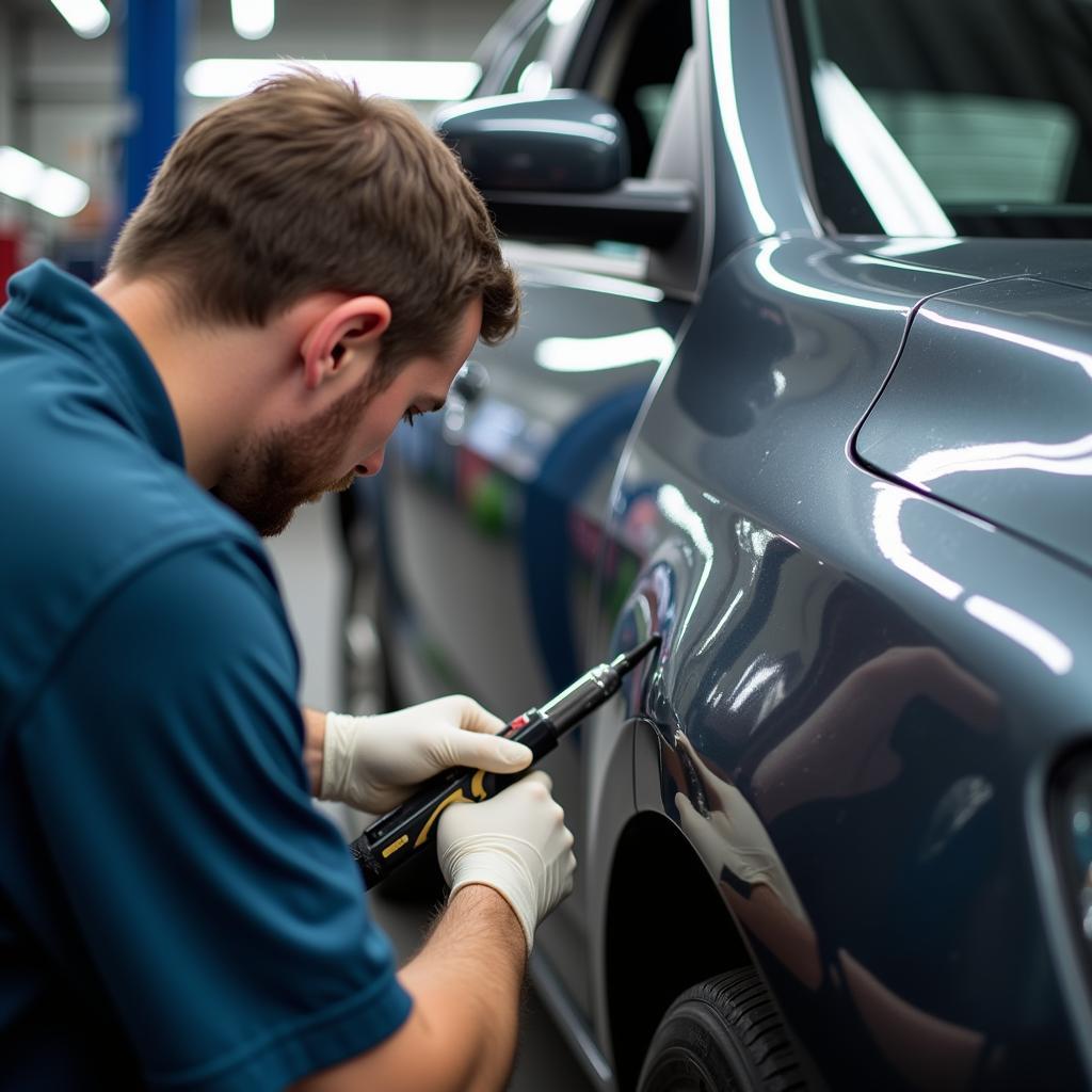 Technician performing dent repair on a car body in Preston.