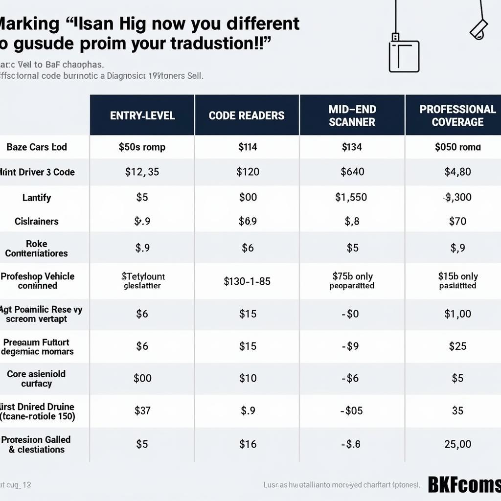 Diagnostic Car Tool Price Comparison Chart