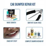 Various car bumper repair kits displayed on a workbench.