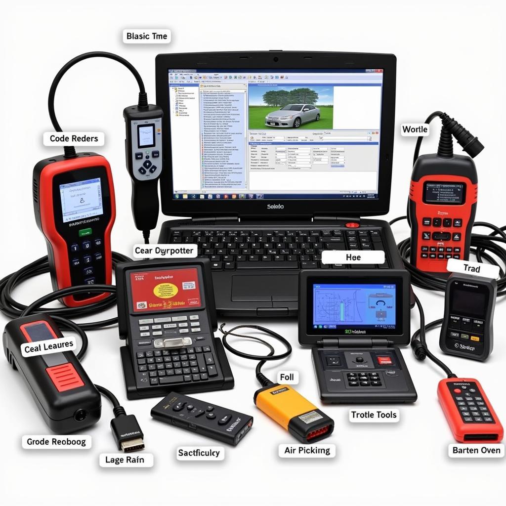 Various car diagnostic machines displayed on a table.