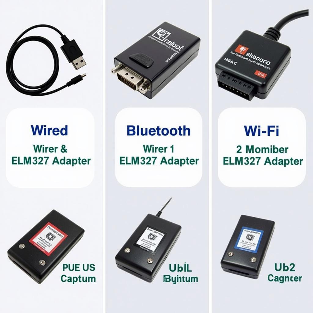 Various ELM327 adapters: wired, Bluetooth, and Wi-Fi.