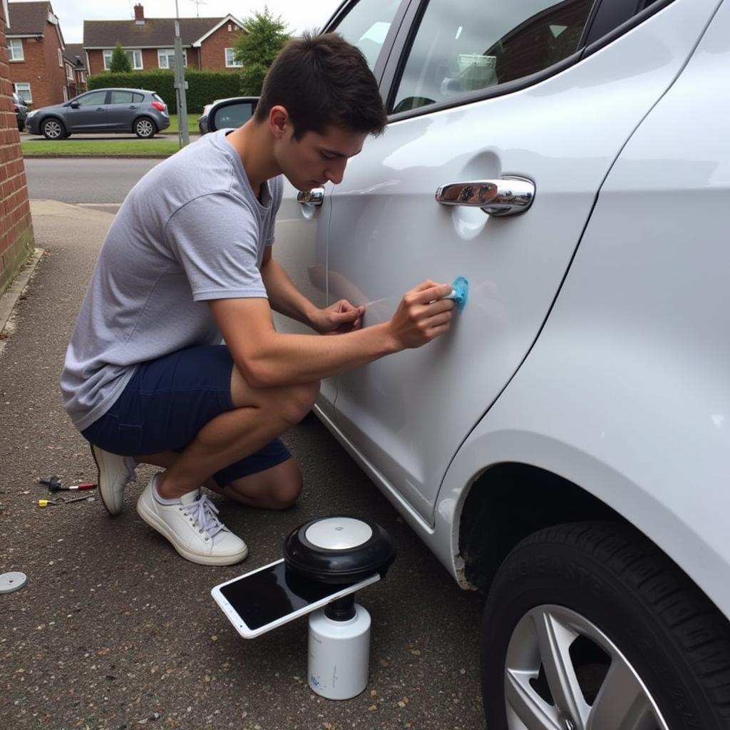 DIY car body repairs in Epsom, showing a person attempting a scratch repair.