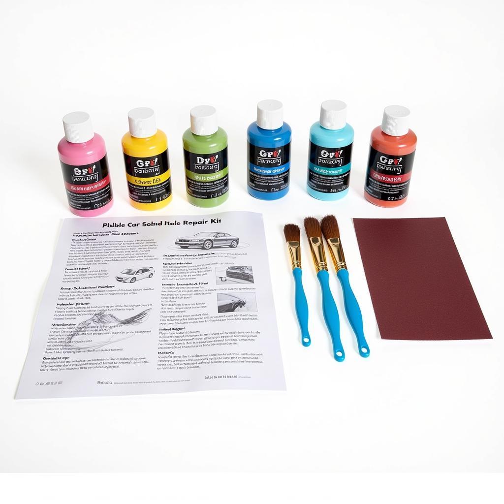 DIY car paint repair kit with tools and instructions.