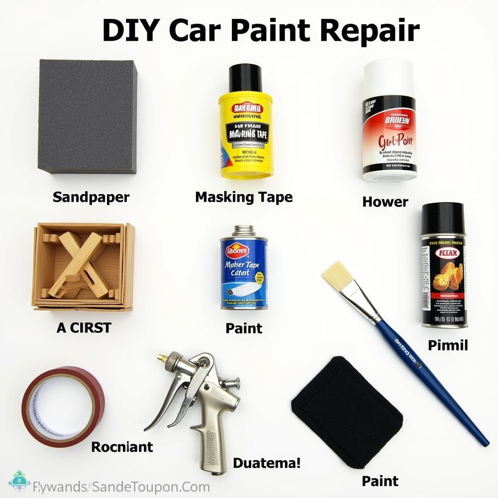 DIY car paint repair tools and materials laid out on a workbench