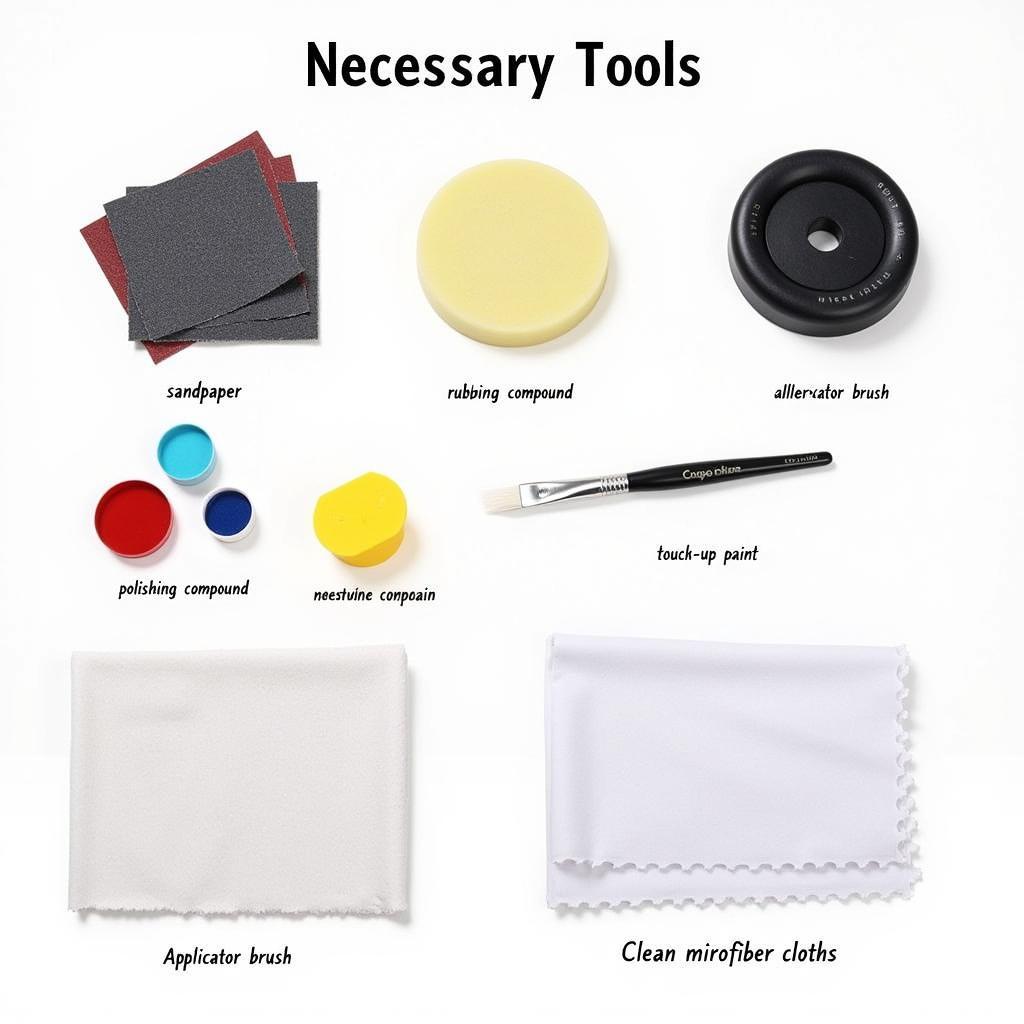 DIY Car Paint Scrape Repair Tools: Essential tools like rubbing compound, polishing compound, touch-up paint, applicator, sandpaper, and microfiber cloths.