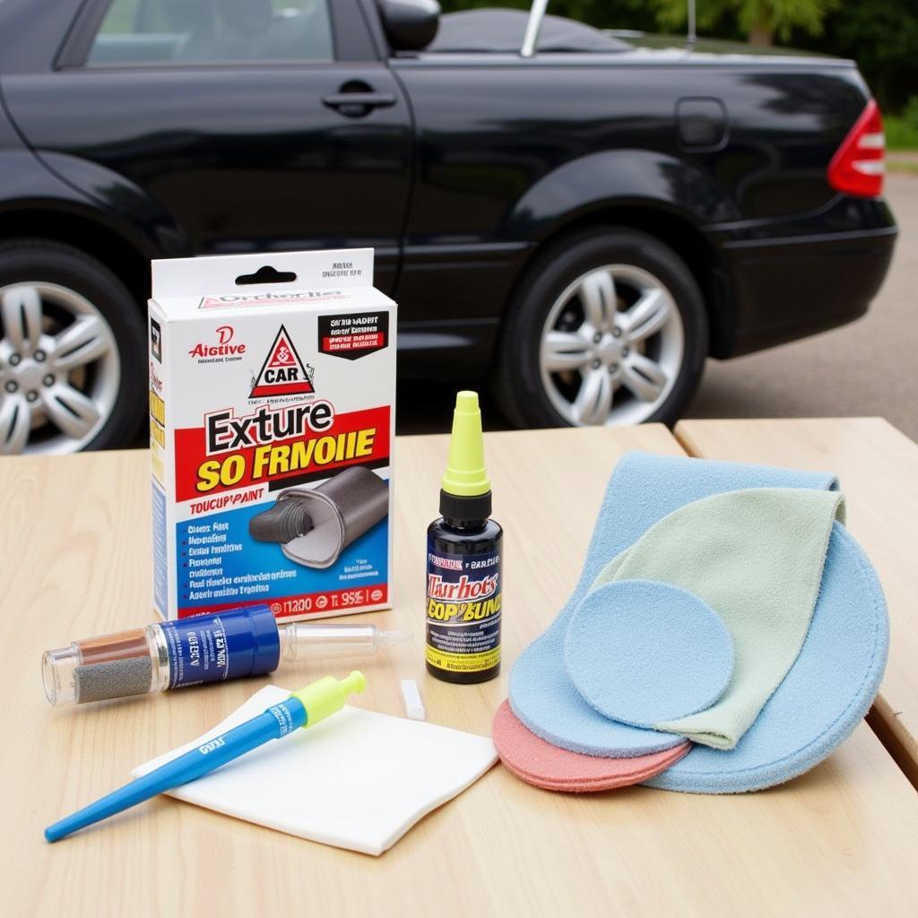 DIY Car Scratch Repair Kit - An image showcasing the contents of a typical car scratch repair kit, including touch-up paint, primer, applicator, sandpaper, and polishing compound.