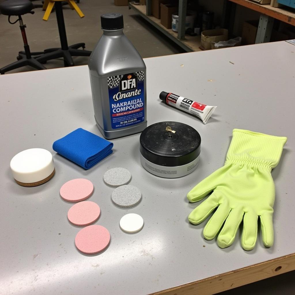 A DIY car scratch repair kit containing touch-up paint, rubbing compound, applicator pads, and gloves.