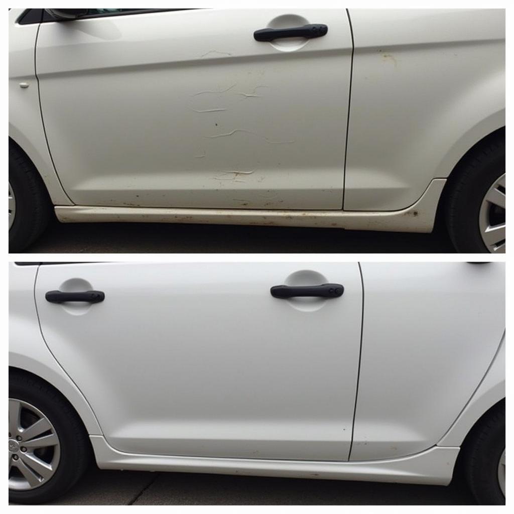 Side-by-side comparison of a DIY car bodywork repair and a professional repair, highlighting the difference in quality.