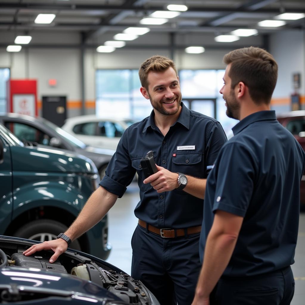 A customer service representative discussing car repair options with a client in Doncaster.