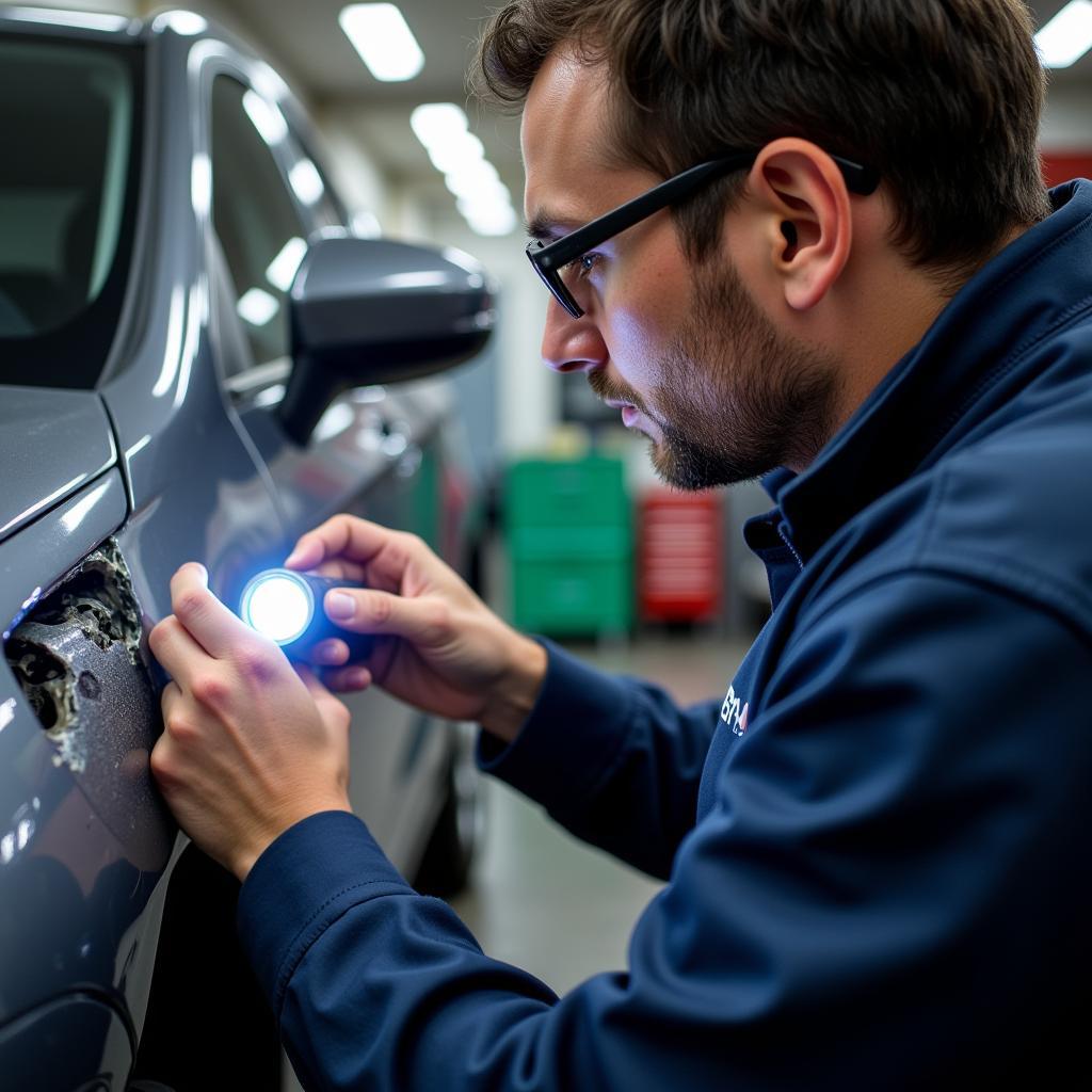 Car body repair in Ealing: Damage assessment by a qualified technician.