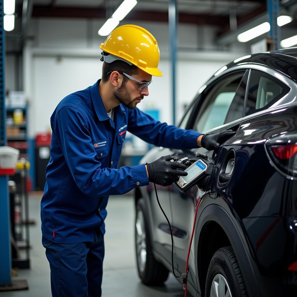 Electric car repair shop technician working on a vehicle's electrical system