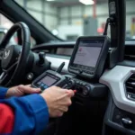 Technician Using a Diagnostic Scanner on an Electric Car Window in Wichita