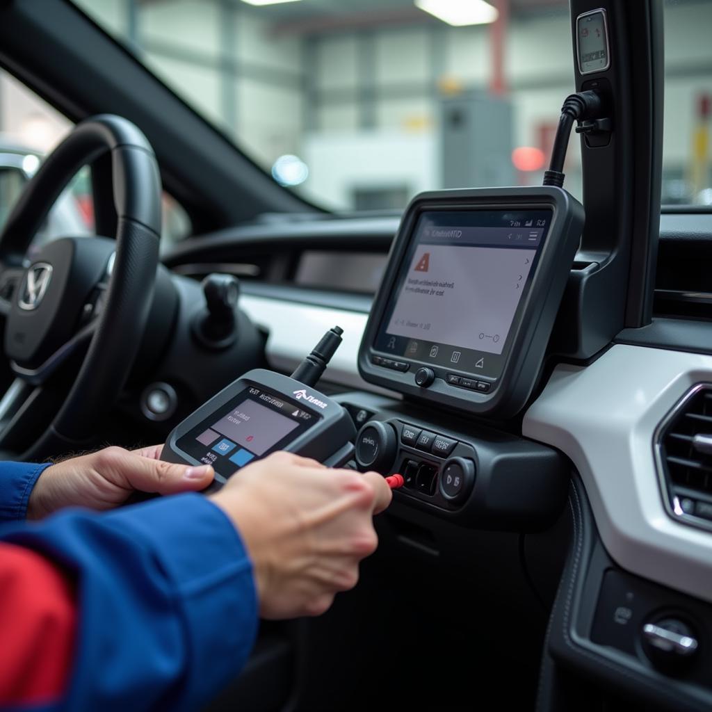 Technician Using a Diagnostic Scanner on an Electric Car Window in Wichita