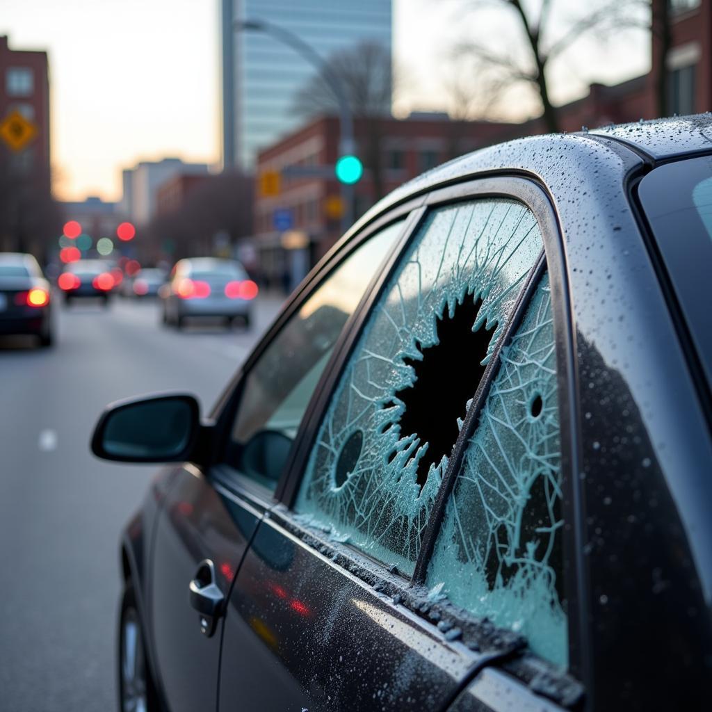 Shattered car window in Indianapolis requiring immediate repair