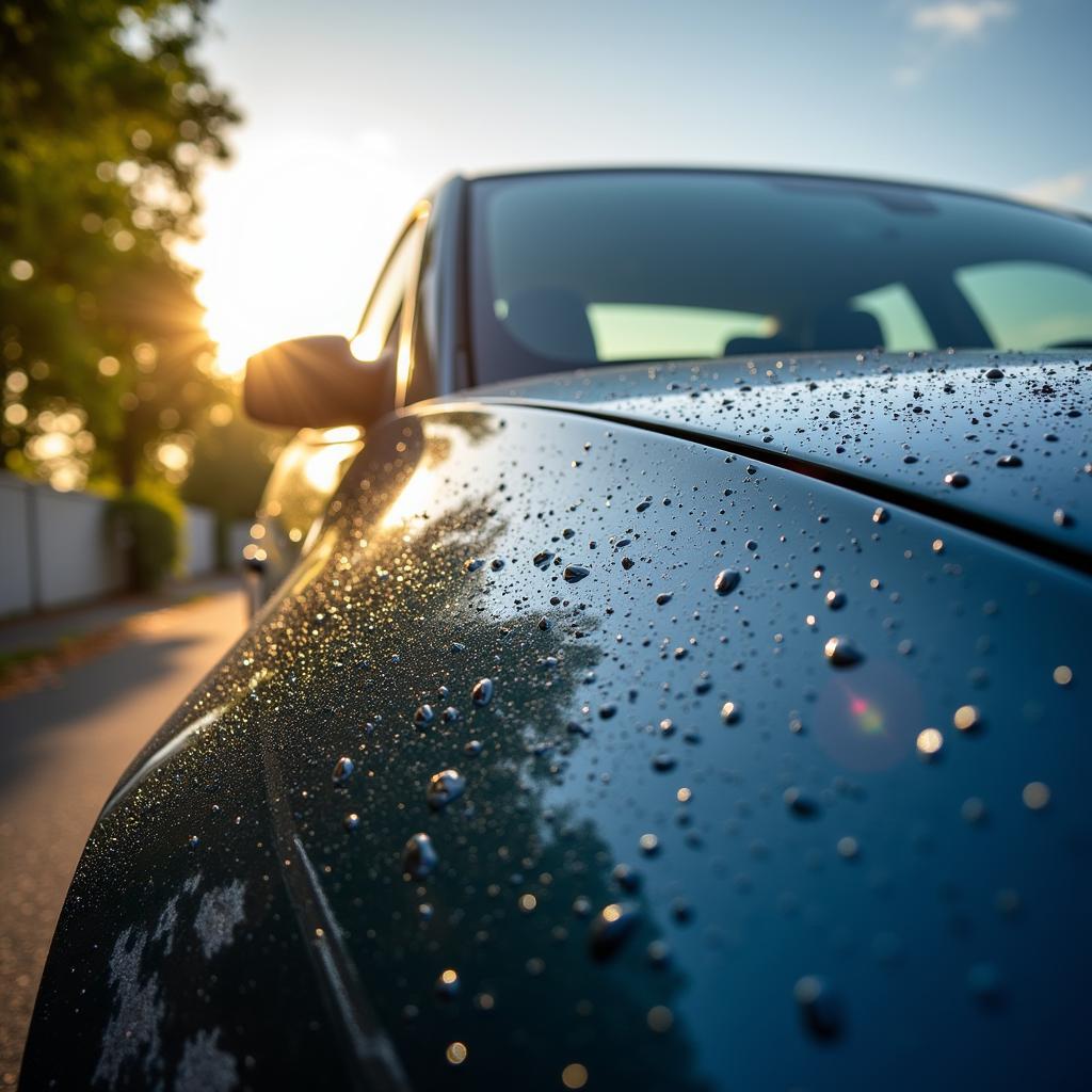 Environmental factors causing car paint damage: A car exposed to harsh sunlight and acid rain.