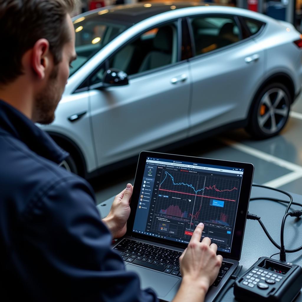 Technician Using Diagnostic Software on Electric Car