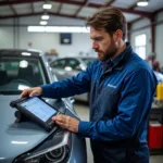 Electric Vehicle Repair Shop Technician Working on a Car