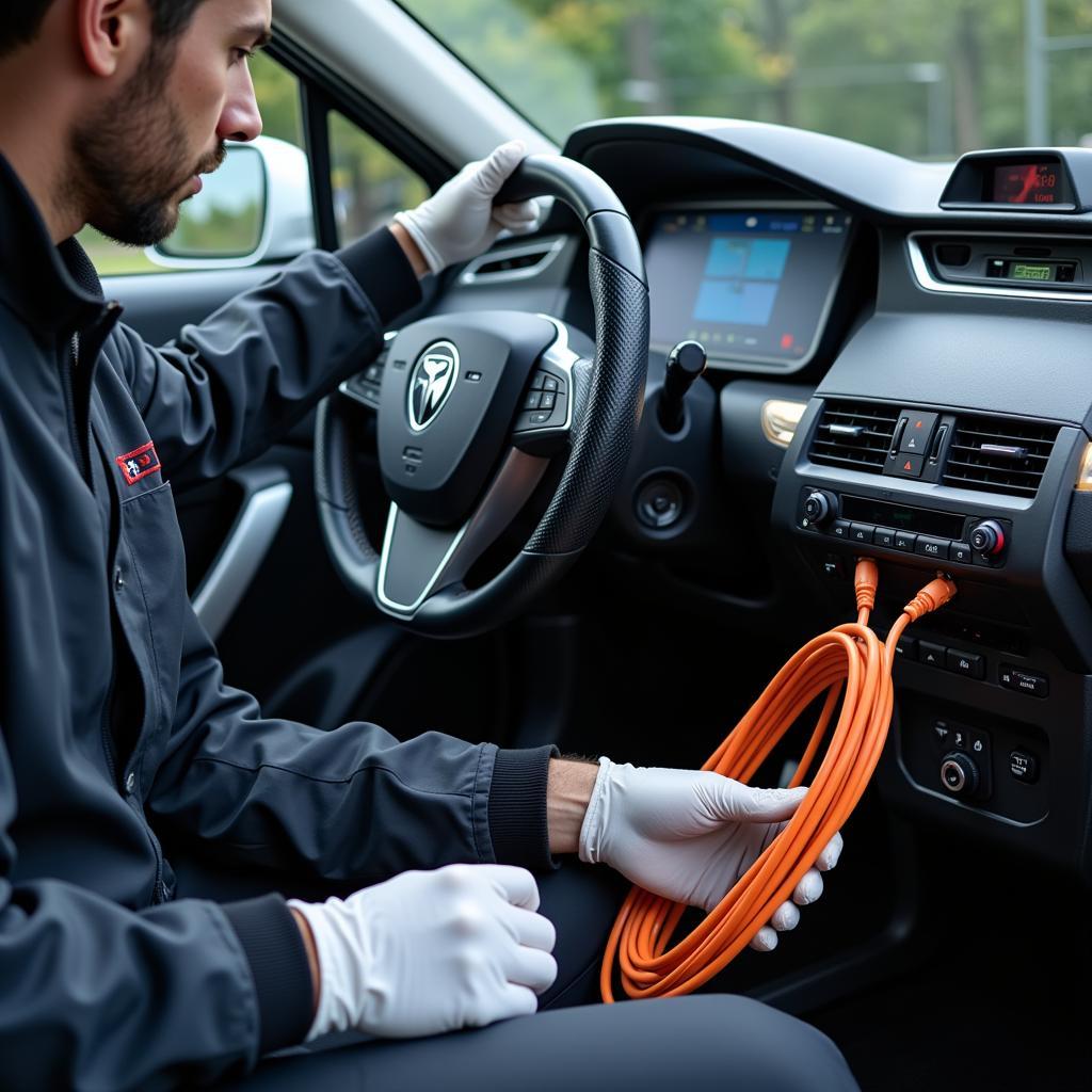 EV Technician Working on High-Voltage System: A certified technician wearing safety gear while working on the high-voltage system of an electric vehicle.