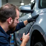 Exeter Car Body Shop Repairing a Dent