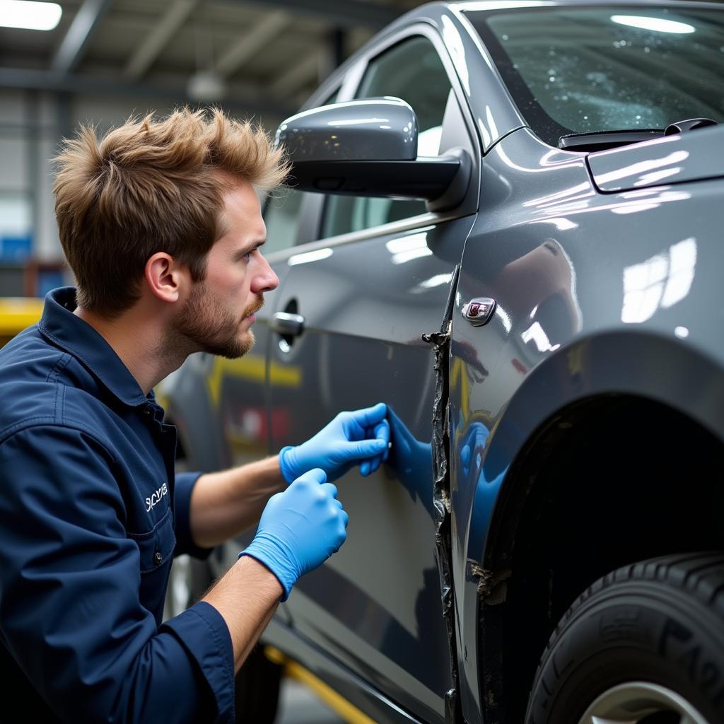 Experienced car body repair technician inspecting vehicle damage