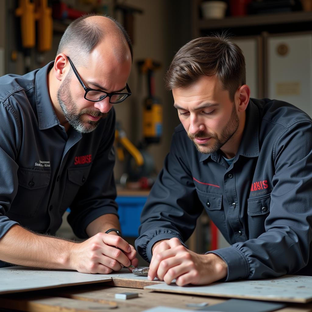 Experienced car body repair technician mentoring an apprentice