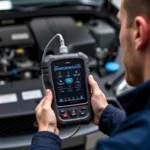 Mechanic Using an F Car Diagnostic Machine