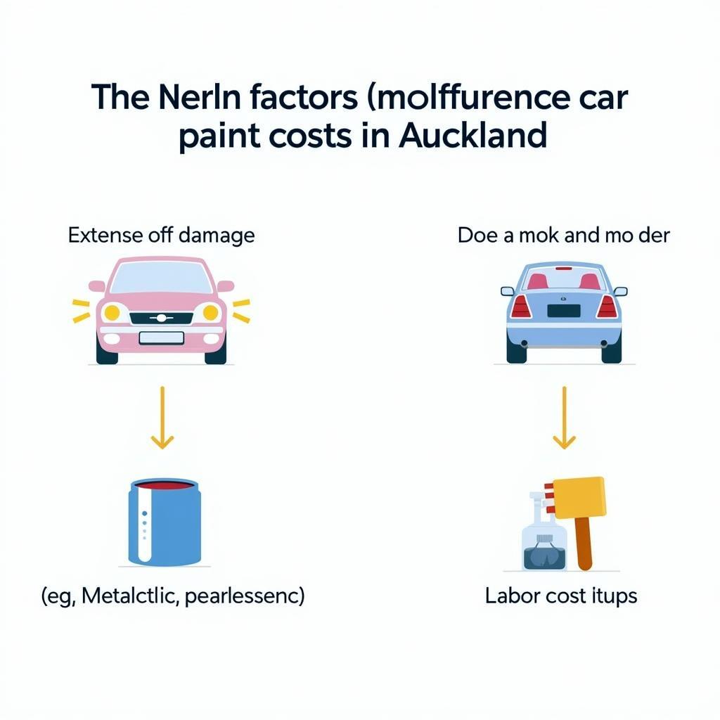 Infographic illustrating factors influencing car paint repair cost: extent of damage, car model, paint type, and labor costs.