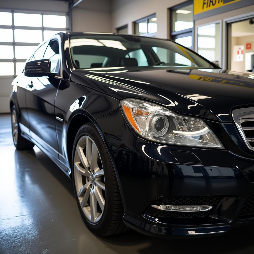 A newly repaired car shining in a car body repair shop, showcasing the quality of the repair work.