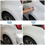 Final steps of car body hole repair, including painting and clear coat application