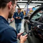 Mechanic performing a free car diagnostic check at an auto parts store