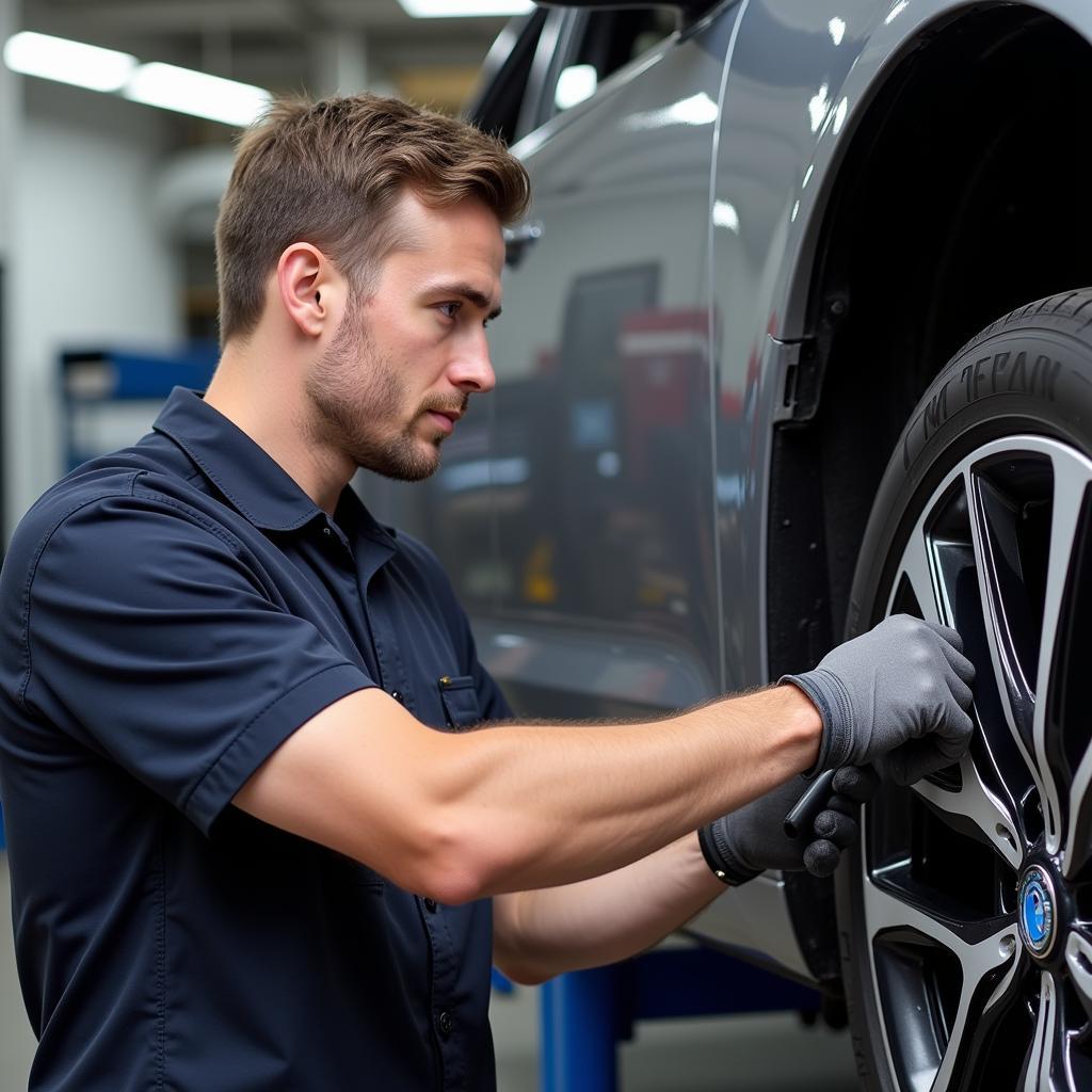 Mechanic Inspecting Car AC System in a Gold Coast Repair Shop