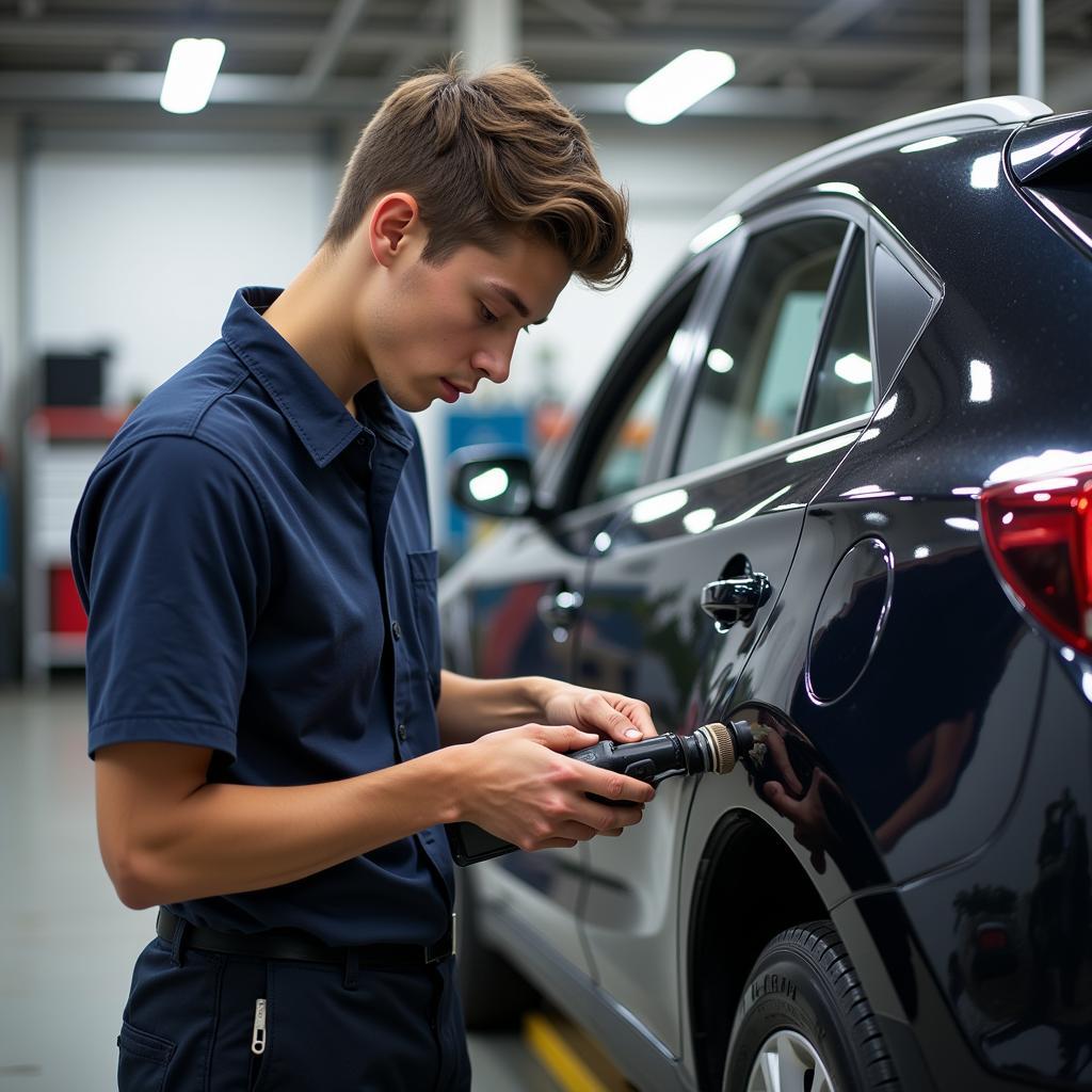 A graduate of a car body repair apprenticeship program working in a professional shop