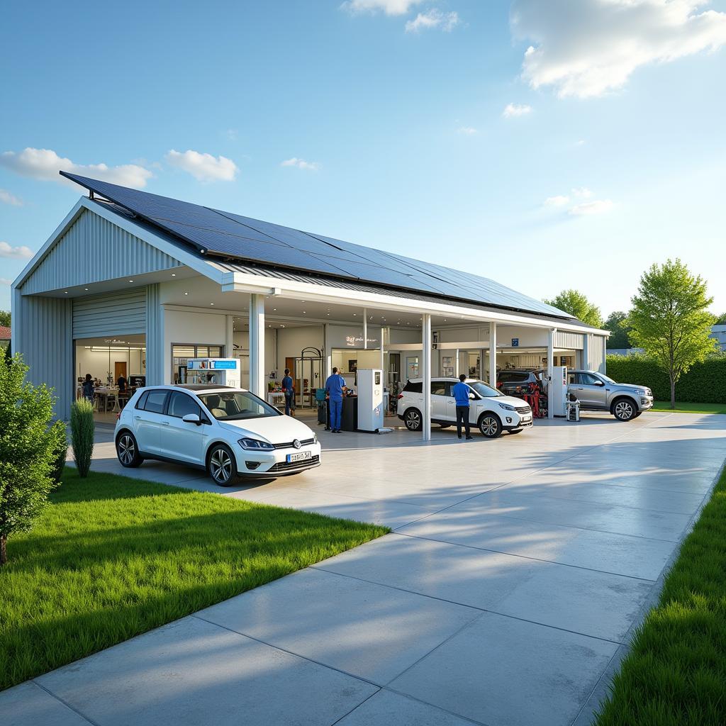 Green Car Repair Shop with Solar Panels