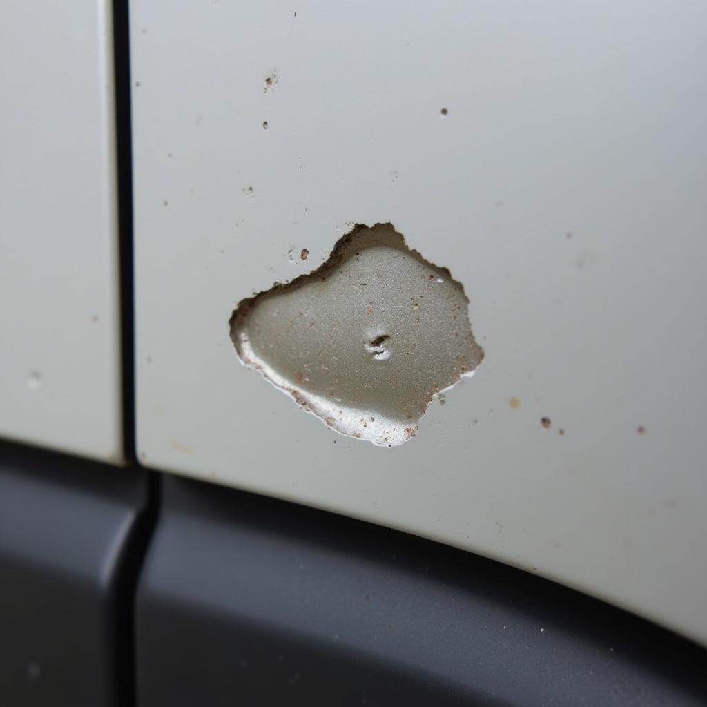 Close-up of a half-inch paint chip on a car door